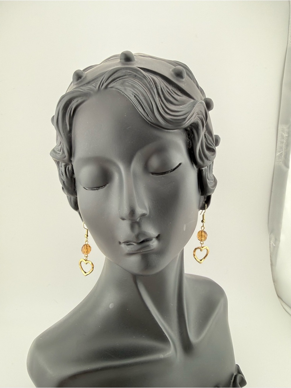 Gold Heart Drop Earrings with Amber Bead - Women Jewelry